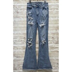 American Eagle Super High Rise Flare Jeans Womens 2 Long Distressed
